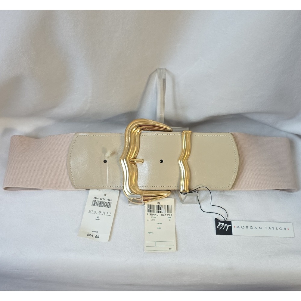 NWT Rare Vintage 80s Morgan Taylor stretch cinch belt, Tan, Gold Buckle, medium.